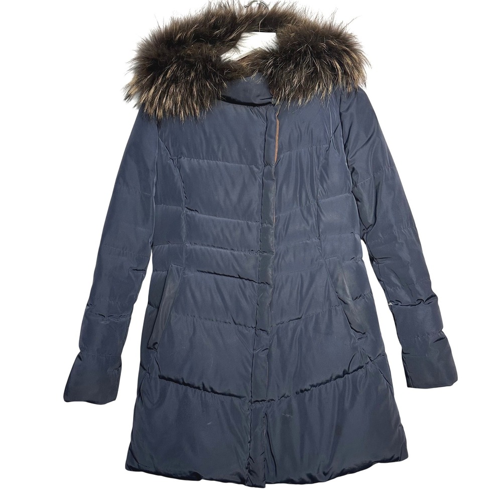 Jigott Luxury Down Puffer Coat Parka Genuine Fox Fur Trim Navy Blue Asian 88 S